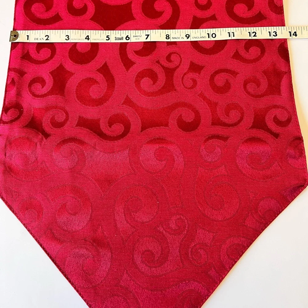 Rich Red Damask Designed Table Runner with Tassels. Approximately 72 x 14 Inches